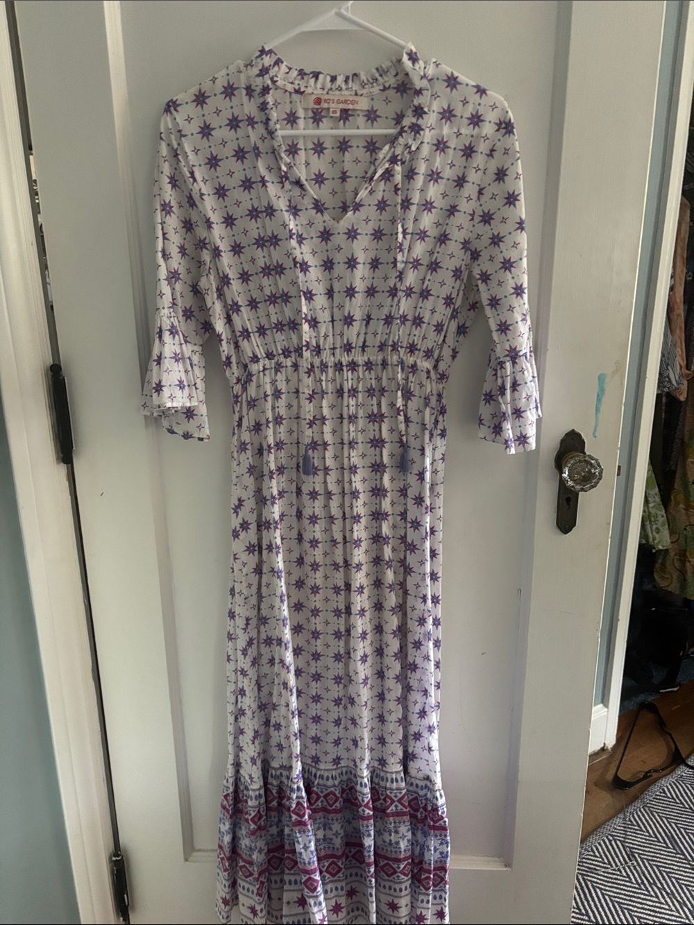 Smocked Waist Star-Print Maxi Dress in White and Purple - Soft Garden